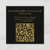 Elegant Black Gold Script Chocolatier Photo QrCode Quadratische Visitenkarte (Rückseite)
