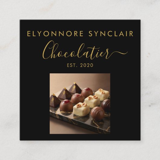 Elegant Black Gold Script Chocolatier Photo QrCode Quadratische Visitenkarte (Vorderseite)