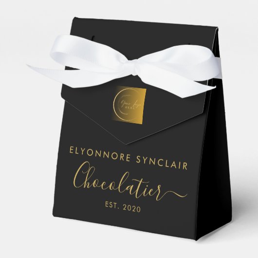 Elegant Black Gold Script Chocolatier Qr Code Geschenkschachtel (Vorderseite)