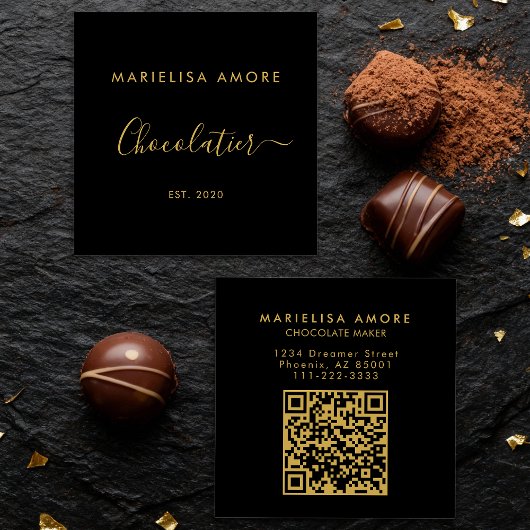 Elegant Black Gold Script Chocolatier Qr Code Quadratische Visitenkarte