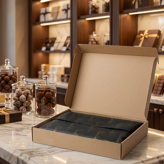 Elegant Black Gold Script Chocolatier Qr Code Seidenpapier