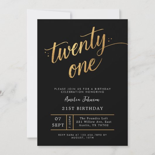 Elegant Black & Gold Script Eighteen 21st Birthday Einladung (Vorderseite)