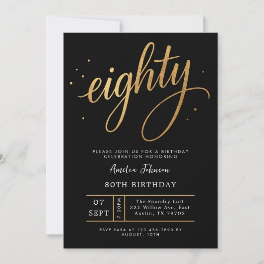 Elegant Black & Gold Script Eighty 80th Birthday Einladung (Vorderseite)