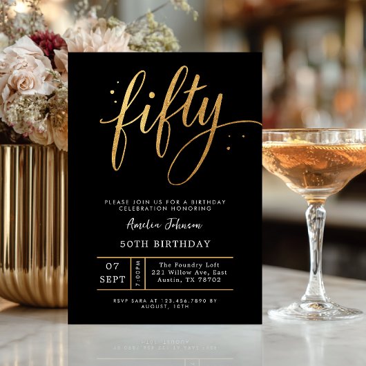 Elegant Black & Gold Script Fifty 50th Birthday  Einladung