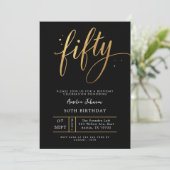 Elegant Black & Gold Script Fifty 50th Birthday  Einladung (Stehend Vorderseite)