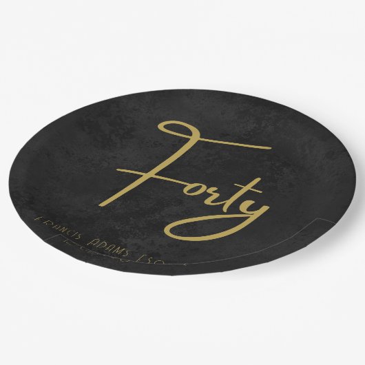 Elegant Black & Gold Script Forty Modern Birthday Pappteller (Schrägansicht)