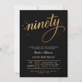 Elegant Black & Gold Script Ninety 90th Birthday Einladung (Vorderseite)