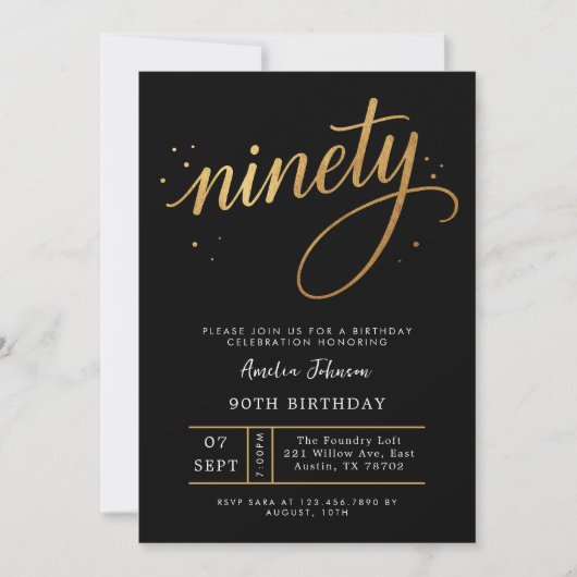 Elegant Black & Gold Script Ninety 90th Birthday Einladung (Vorderseite)