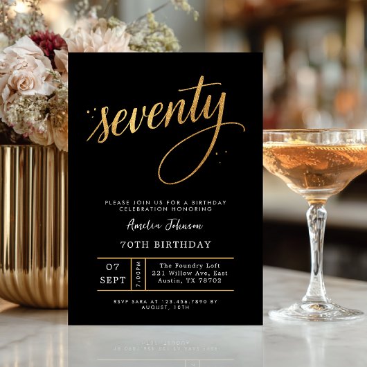 Elegant Black & Gold Script Seventy 70th Birthday  Einladung
