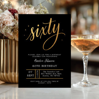 Elegant Black & Gold Script Sixty 60th Birthday  Einladung