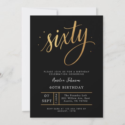 Elegant Black & Gold Script Sixty 60th Birthday Einladung (Vorderseite)