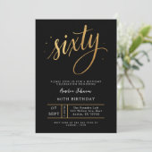Elegant Black & Gold Script Sixty 60th Birthday  Einladung (Stehend Vorderseite)