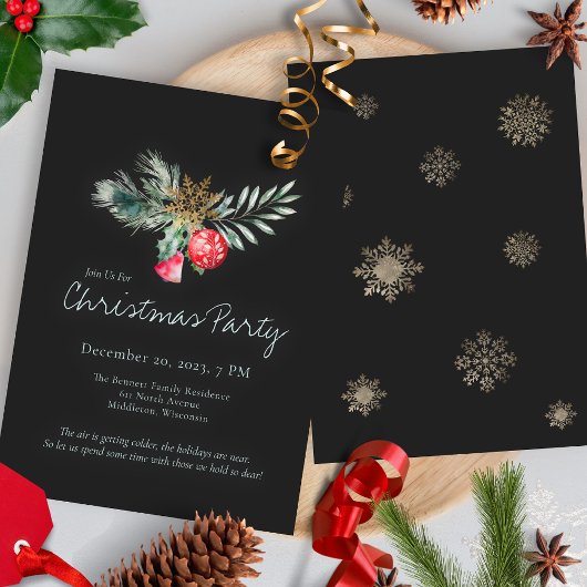 Elegant Black Gold Snowflake Christmas Party Einladung