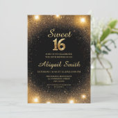 Elegant Black & Gold Sparkle Sweet 16 Einladung (Stehend Vorderseite)