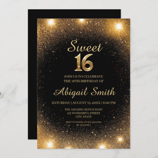 Elegant Black & Gold Sparkle Sweet 16 Einladung (Vorne/Hinten)