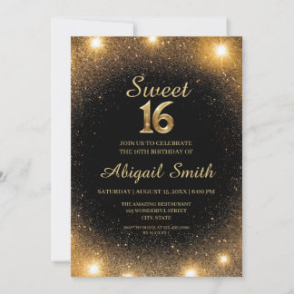 Elegant Black & Gold Sparkle Sweet 16 Einladung