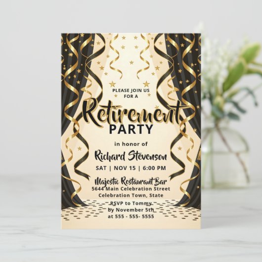 Elegant Black Gold Streamers Retirement Party Einladung (Stehend Vorderseite)