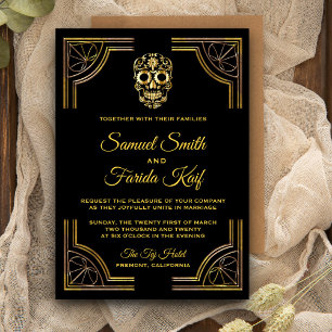Elegant Black Gold Sugar Skull Wedding Invitation Einladung