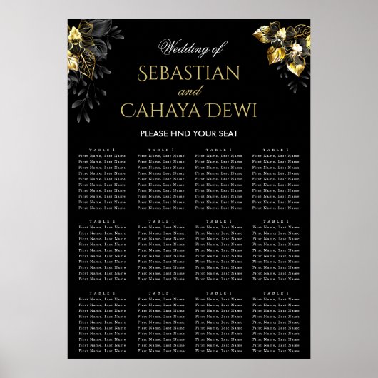 Elegant black & gold summer wedding seating chart poster (Vorne)