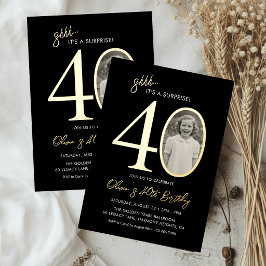 Elegant Black Gold Surprise 40th Birthday Photo Folieneinladung