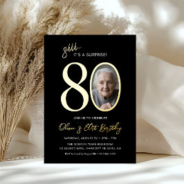 Elegant Black Gold Surprise 80th Birthday Photo Folieneinladung