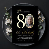Elegant Black Gold Surprise 80th Birthday Photo Folieneinladung