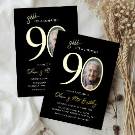 Elegant Black Gold Surprise 90th Birthday Photo Folieneinladung