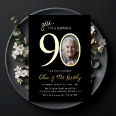Elegant Black Gold Surprise 90th Birthday Photo Folieneinladung