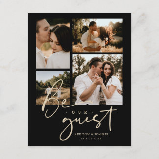 Elegant Black Gold Trendy Collage Wedding 4-Photo Begleitkarte