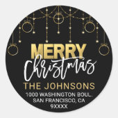 Elegant Black Gold Twinkle Stars Weihnachtsadresse Runder Aufkleber (Vorderseite)
