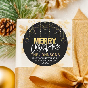 Elegant Black Gold Twinkle Stars Weihnachtsadresse Runder Aufkleber