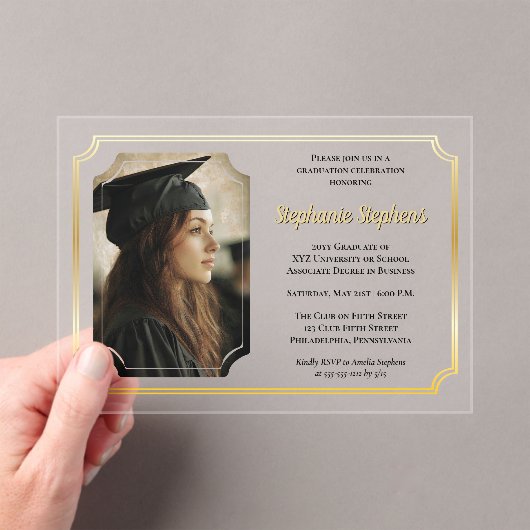 Elegant Black | Gold Uni Univ Graduation Party Acryleinladungen (Insitu (Handheld))