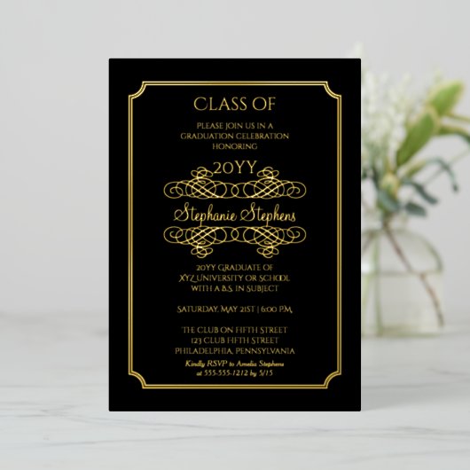 Elegant Black | Gold University Graduation Party Folieneinladung (Stehend vorne)