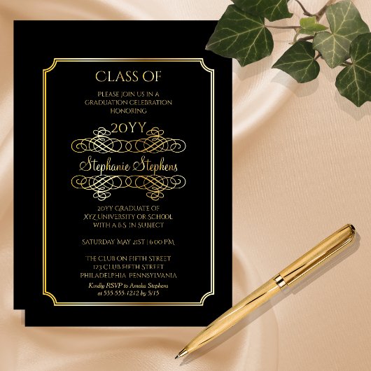 Elegant Black | Gold University Graduation Party Folieneinladung