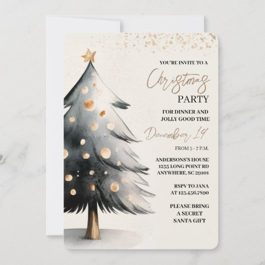 Elegant Black & Gold Watercolor Christmas Einladung (Vorderseite)