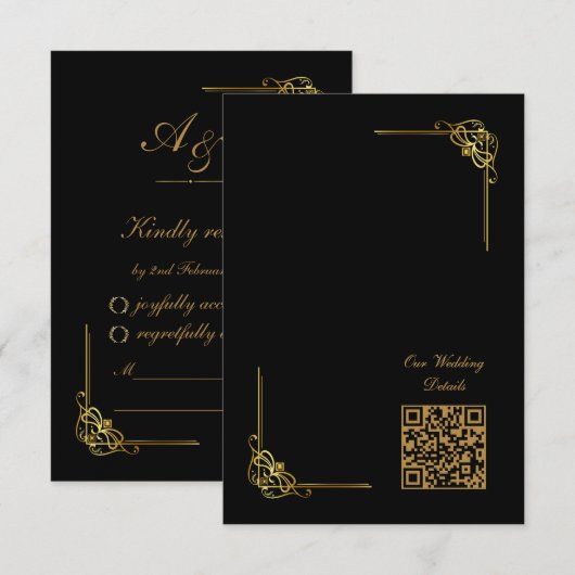 Elegant Black Gold Wedding Event QR Code RSVP Karte (Vorne/Hinten)