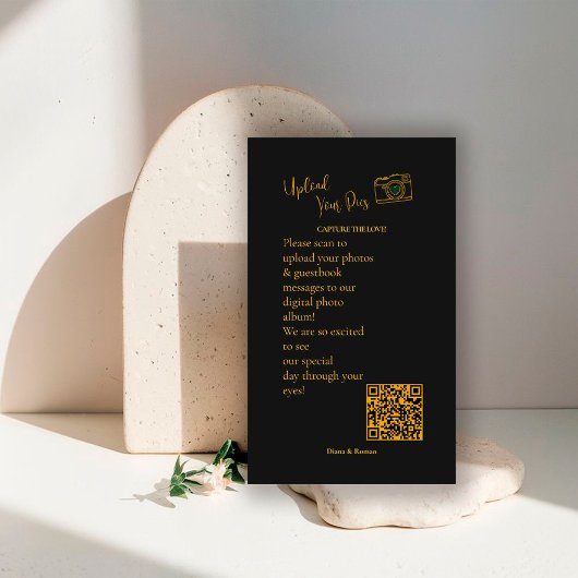 Elegant Black Gold Wedding Photo Sharing QR Code   Begleitkarte