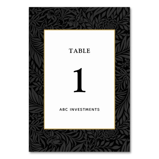 Elegant Black Gold White Botanical Tischnummer (Vorderseite)