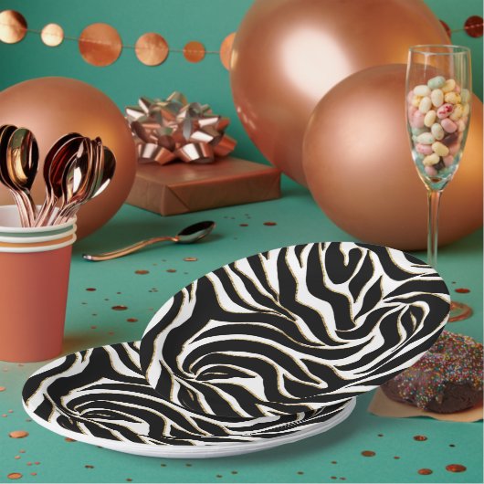 Elegant Black Gold Zebra White Animal Print Pappteller (Multi)