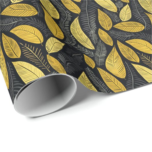 Elegant Black Golden & Grey Botanical Leaves Geschenkpapier (Rolleneckpunkt)