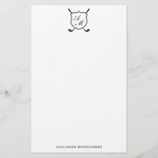 Elegant Black Golf Monogram Crest Stationery Briefpapier