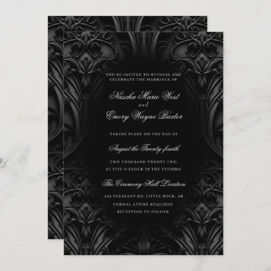 Elegant Black Gothic Damask Moody Wedding Einladung (Vorne/Hinten)