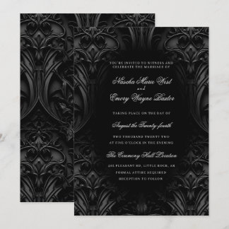 Elegant Black Gothic Damask Moody Wedding Einladung