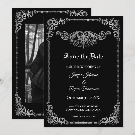 Elegant black Gothic wedding save the date Ankündigung (Vorne/Hinten)