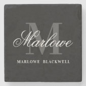 Elegant Black Gray Monogram Calligraphy Steinuntersetzer (Vorderseite)