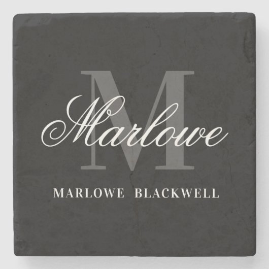 Elegant Black Gray Monogram Calligraphy Steinuntersetzer (Vorderseite)
