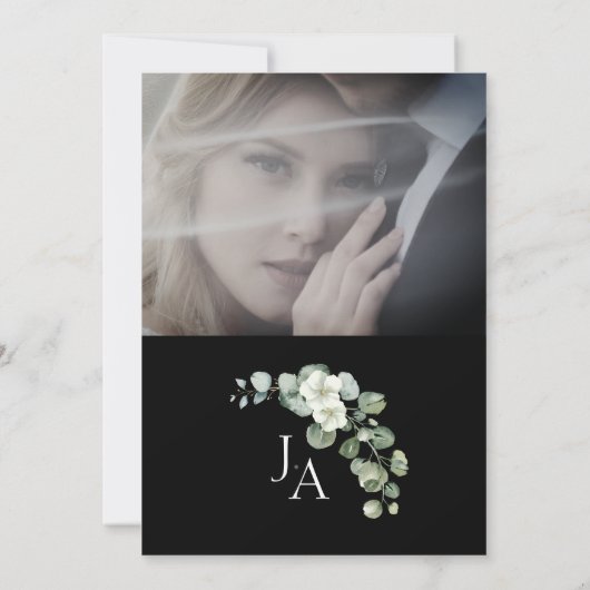 Elegant Black Greenery Eucalyptus Photo Wedding Einladung (Rückseite)