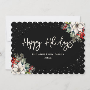 Elegant Black Holly Berries White Poinsettia Feiertagskarte