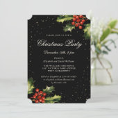 Elegant Black Holly Red Berries Christmas Party Einladung (Stehend Vorderseite)