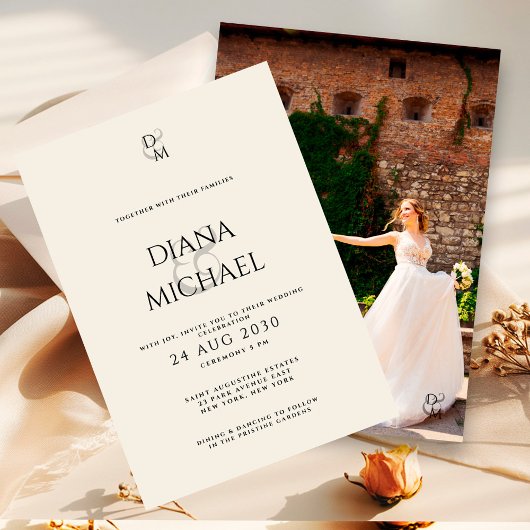 Elegant Black & Ivory Monogram Wedding Photo Einladung